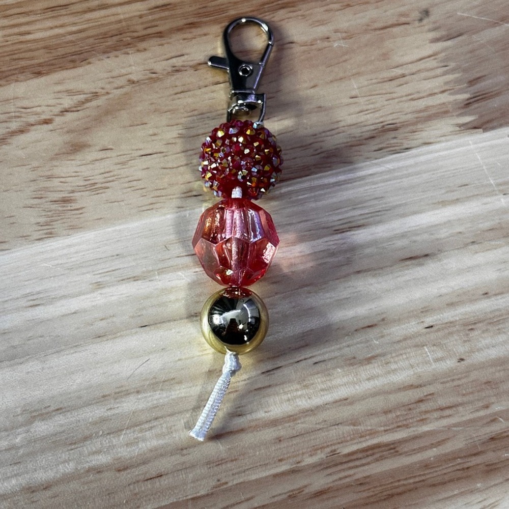 Handcrafted Red Pink Gold Beaded Keychain Charm Rhinestone Faceted Bag Accessory